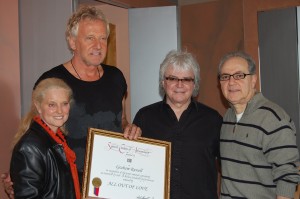 PHOTO CAPTION (From L-R): Barbara Cane (BMI Vice President/General Manager, Los Angeles); AIR SUPPLY’s GRAHAM RUSSELL and RUSSELL HITCHCOCK; Ted Joseph (President, Odds On Records).