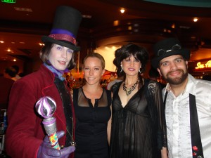 Characula, Kendra Wilkerson, Bernie Godwin III & Willy Wonka at Jessica Hall’s birthday bash at Sweet! Candy Store