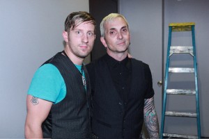 PHOTO CAPTION: Beau Hodges, lead singer of Theory of Flight, being congratulated backstage at the Hard Rock Café Strip in Las Vegas by Art Alexakis of Everclear for getting the most fan votes to secure the opening spot.