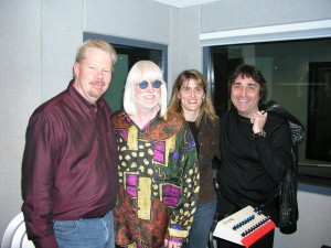 Pictured, left to right, "Rockline" host Bob Coburn, Winter, Ventura Distribution’s Jill Schlesinger and Winter’s manager Jake Hooker.