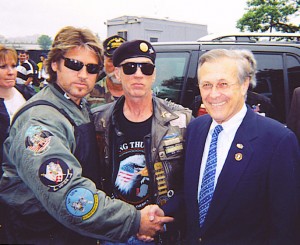 Pictured Left to Right - Billy Ray Cyrus, Artie Muller - President of Rolling Thunder and "Run To The Wall" event, and U.S. Defense Secretary Donald H. Rumsfeld.